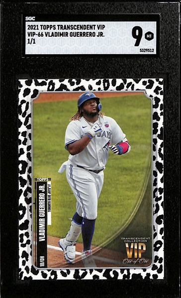 Lot of (3) Vladimir Guerrero Jr Cards- 2021 Topps Transcendent VIP 1/1 (SGC 9), 2019 Black Friday Rookie (#/99) (HGA 9), 2021 Topps Project 70
